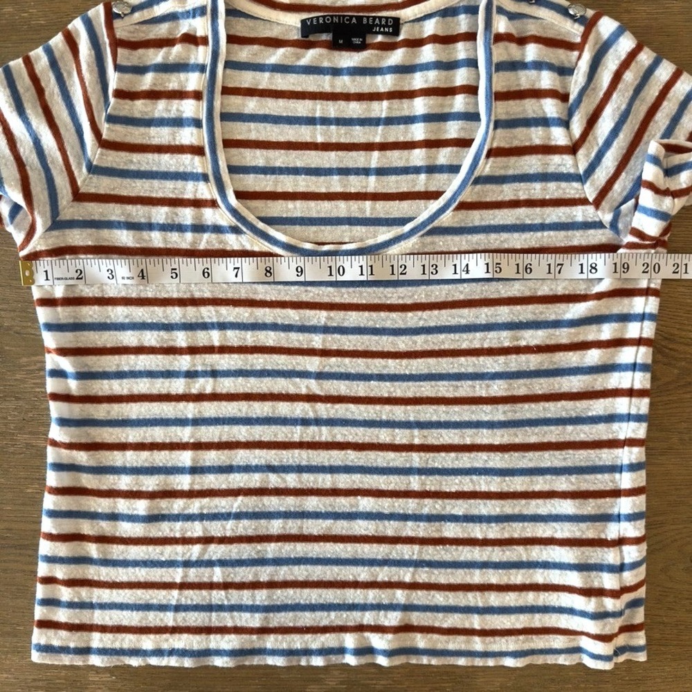 Veronica Beard Benji Striped 100% Linen Short Sleeve T-Shirt-Rust & Blue-Sz M - Picture 7 of 13